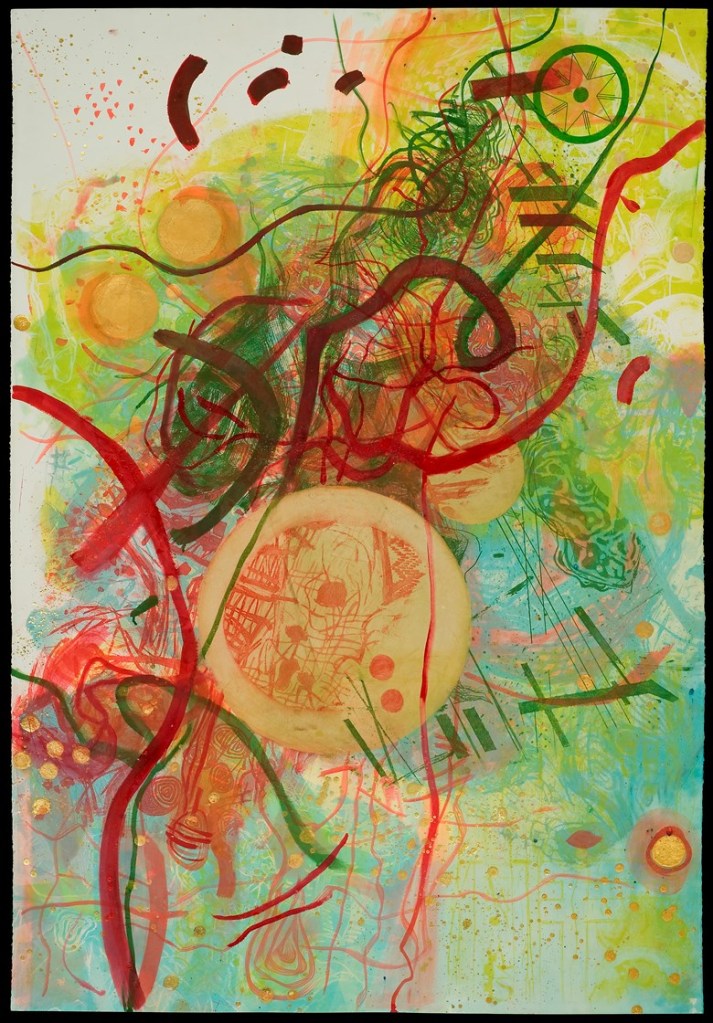 An abstract piece of art with overlapping patterns and circles in bright greens, reds, and yellows.