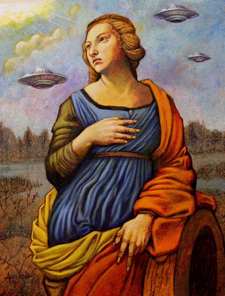 An illustration of the archangel Raphael in the Renaissance style with UFOs in the background
