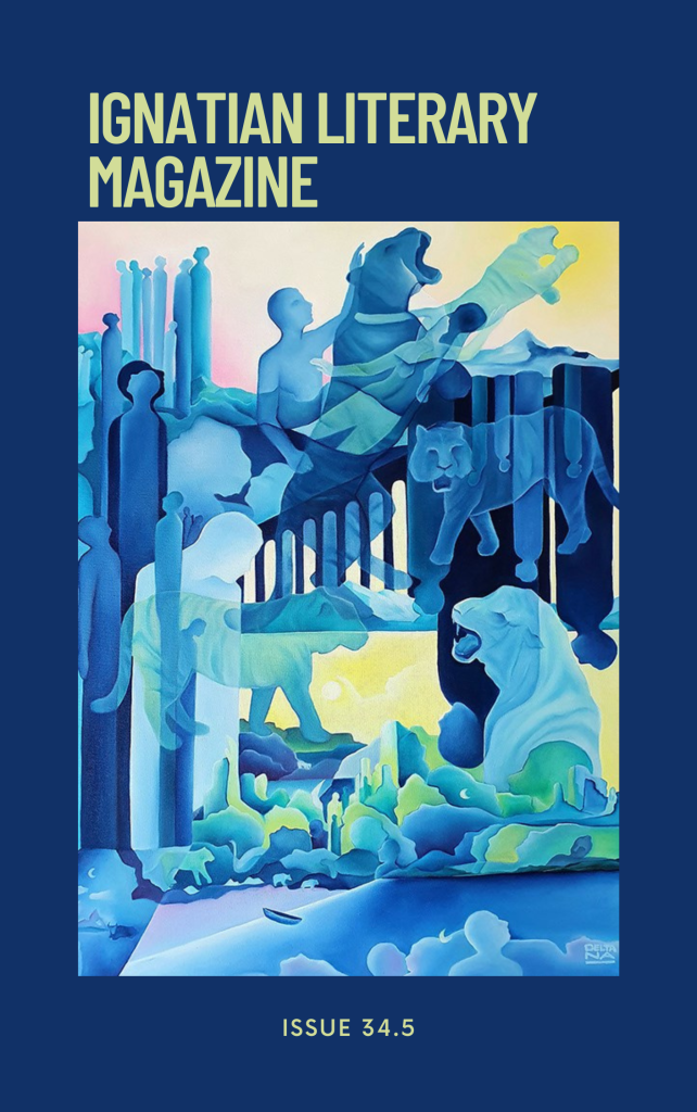 Ignatian Literary Magazine Issue 34.5 cover. The painting in the center is blue-green and depicts people and animals walking and in repose across a surrealist landscape.