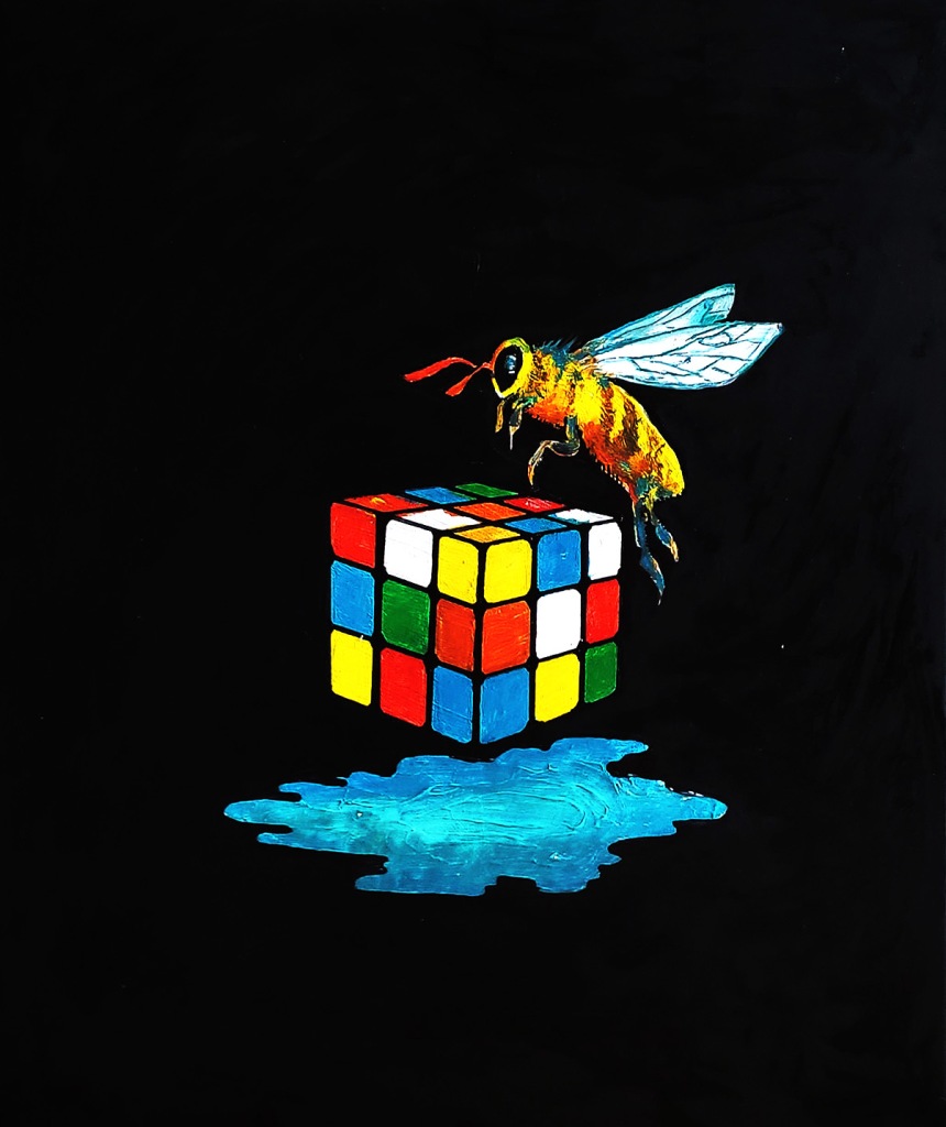 A painting of a bee hovering over a rubik's cube which hovers over a puddle of blue liquid. The background is black.