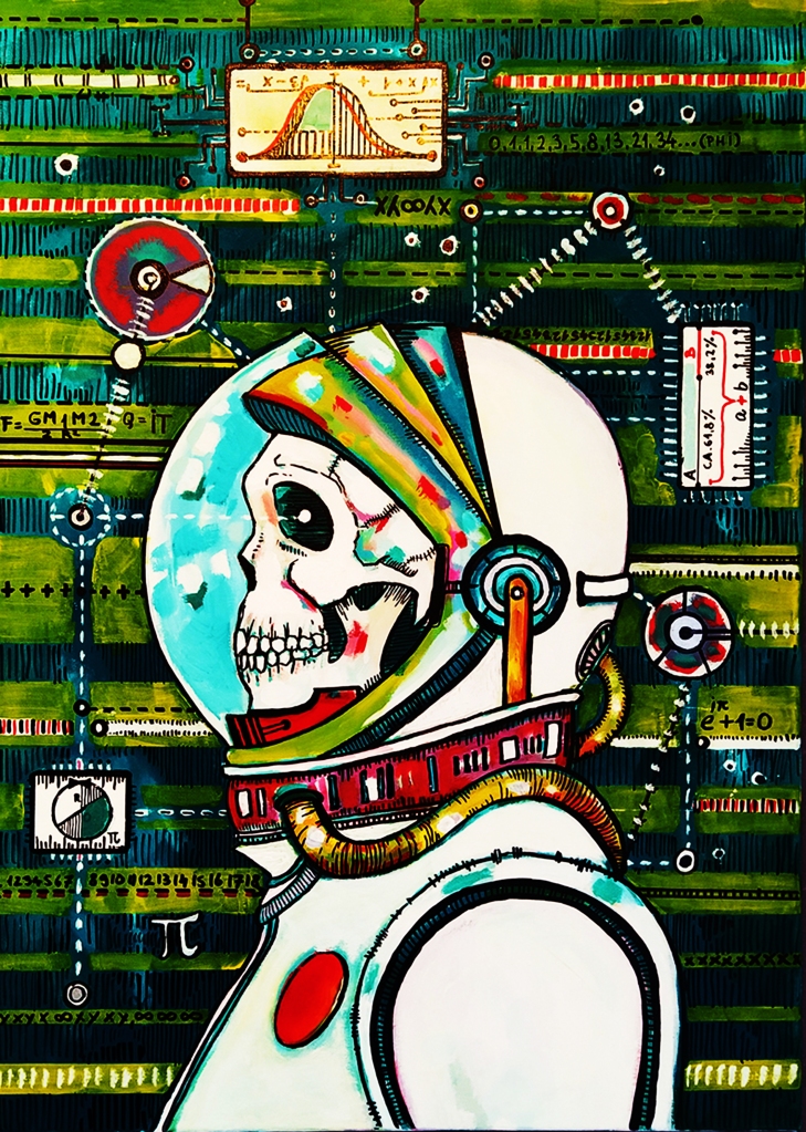 A skull astronaut man facing the left with different math equations in the background.