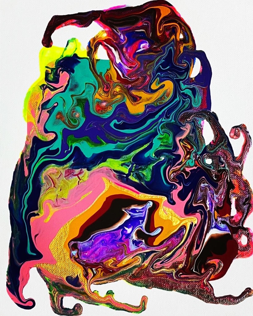A painting where an array of colors have mixed into one big blob which configures into an ambiguous shape. 