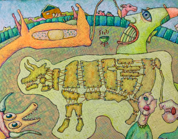 A skeletal representation of an animal surrounded by various creatures of all sorts. In the back, there is a green fence with an orange house behind it. 
